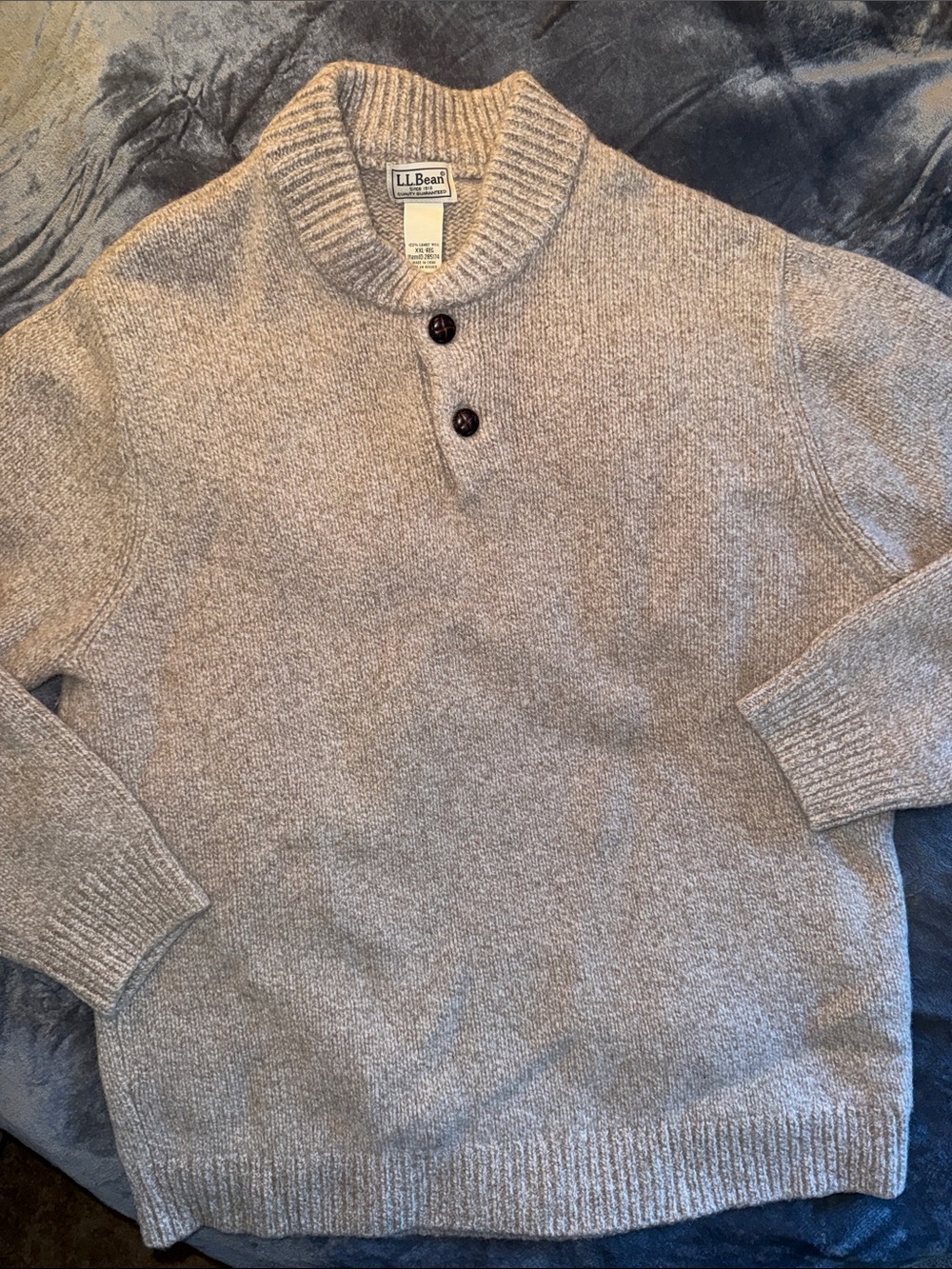 L.L. Bean Men's Taupe Crewneck Henley Sweater with Button Placket - Picture 2 of 7